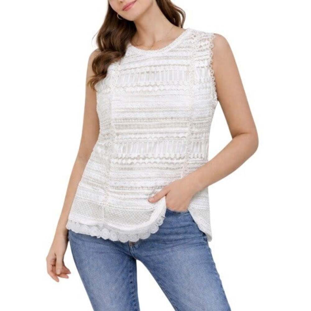 Alexis Women's White Lace Sleeveless Scalloped Hem High Neck Designer Top Size S